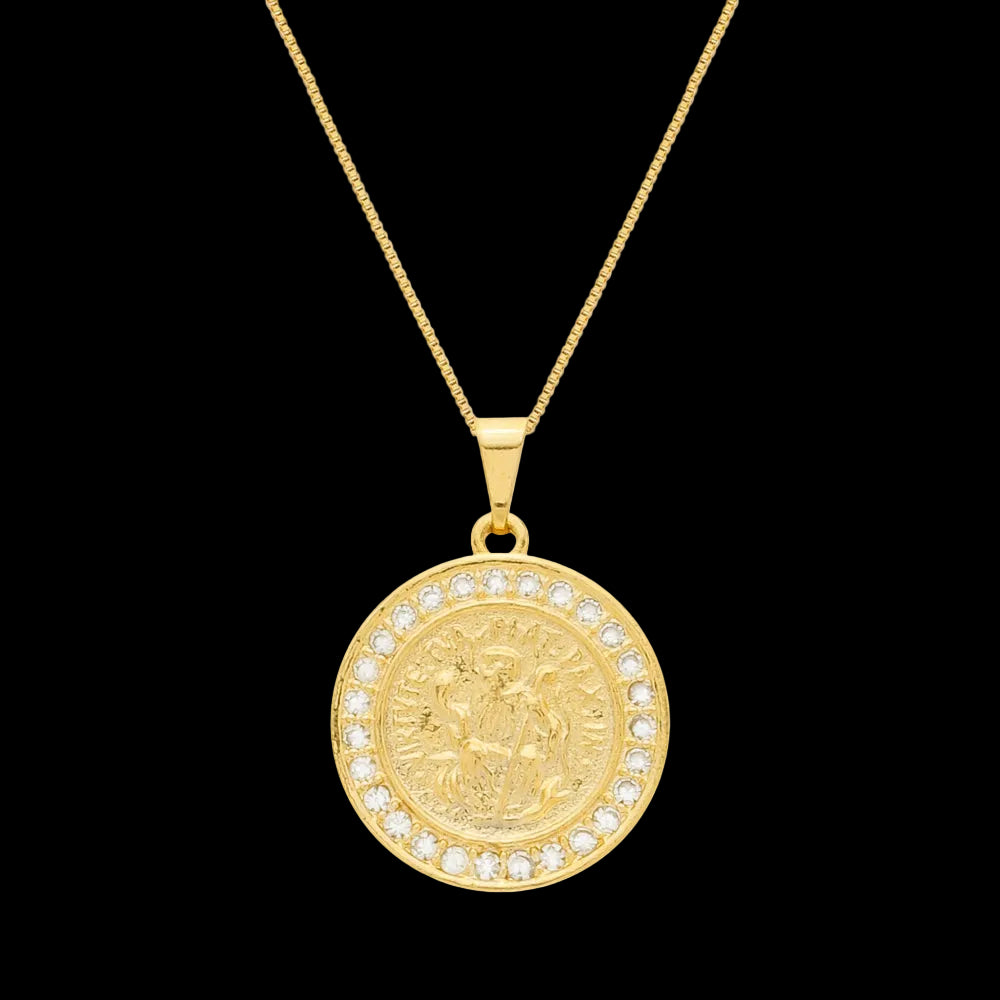 Colar Dourado Medalha São Miguel Arcanjo Cravejado de Zircônia
